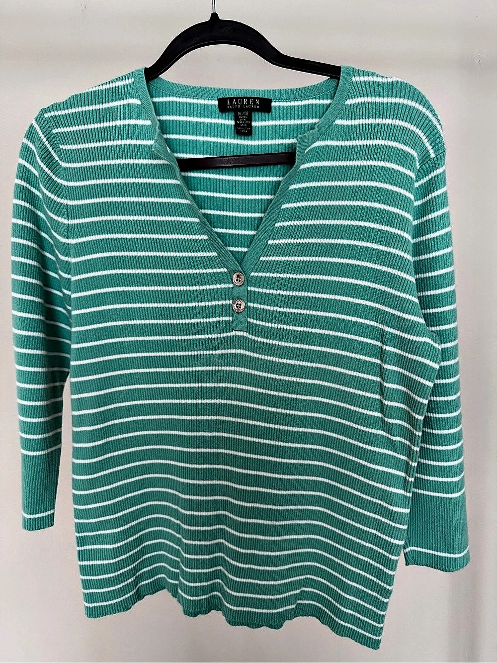 Lauren Ralph Lauren Striped V-Neck Sweater in Green & White XL Like New